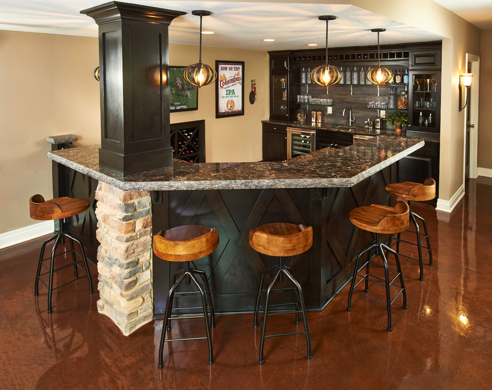 Design ideas for a mid-sized contemporary u-shaped seated home bar in Columbus with concrete floors, open cabinets, black cabinets and granite benchtops.