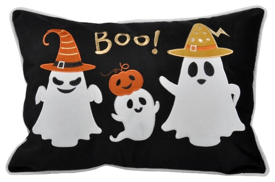Halloween Ghost Velvet 14"x 20" Black Rectangular Throw Pillow with Insert Contemporary
