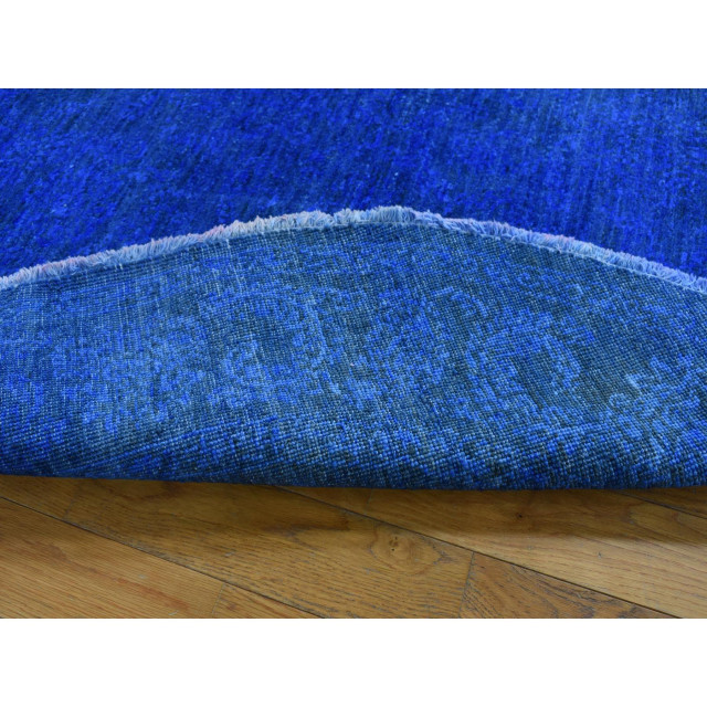 Sapphire Blue Overdyed Peshawar Hand Knotted Pure Wool Round Rug, 5'1"x5'3", 5'1"x5'3