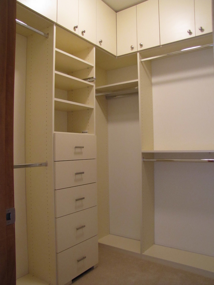 Design ideas for a small contemporary walk-in wardrobe in Other with flat-panel cabinets, white cabinets and carpet.