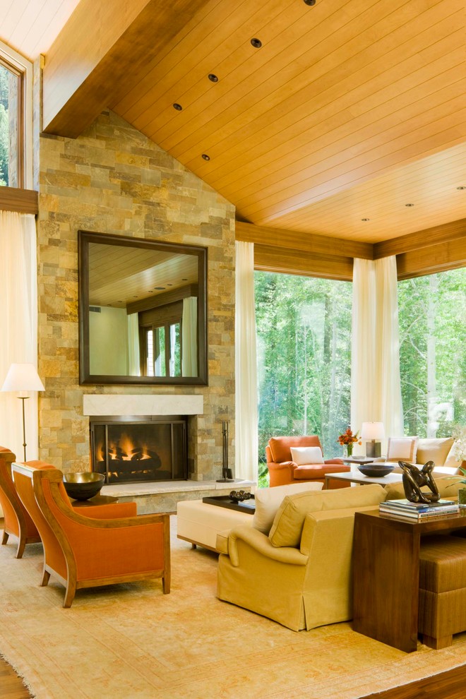 Inspiration for a modern living room in San Francisco with a standard fireplace and a stone fireplace surround.