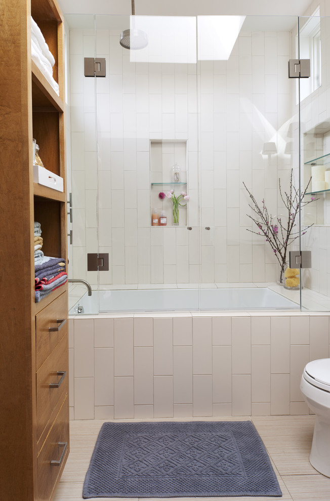 Photo of a modern bathroom in San Francisco with subway tile.