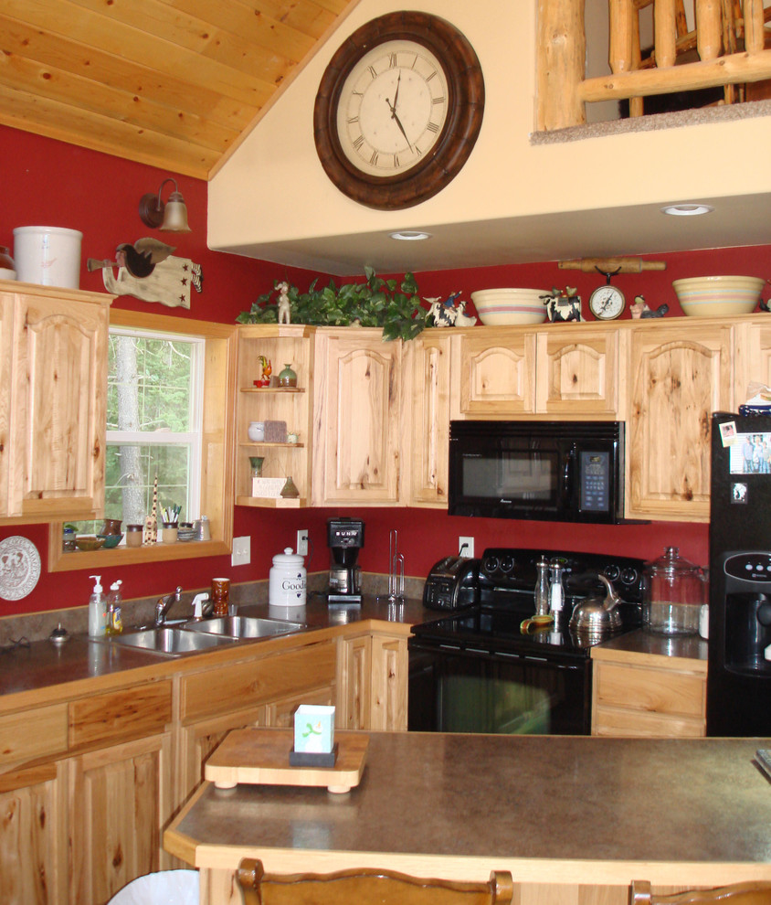 Inspiration for a mid-sized country l-shaped eat-in kitchen in Other with laminate benchtops, red splashback, with island, a double-bowl sink, raised-panel cabinets, light wood cabinets, stainless steel appliances, medium hardwood floors and brown floor.