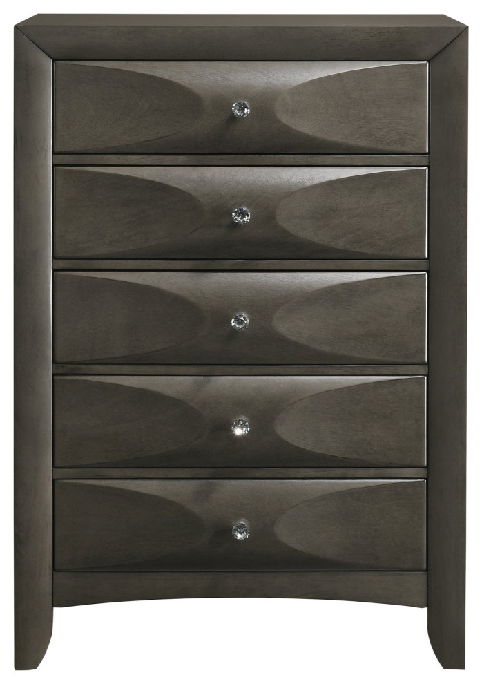 Vertical Dresser, Geometric Accented Drawers & Faux Crystal Knobs, Mod Gray