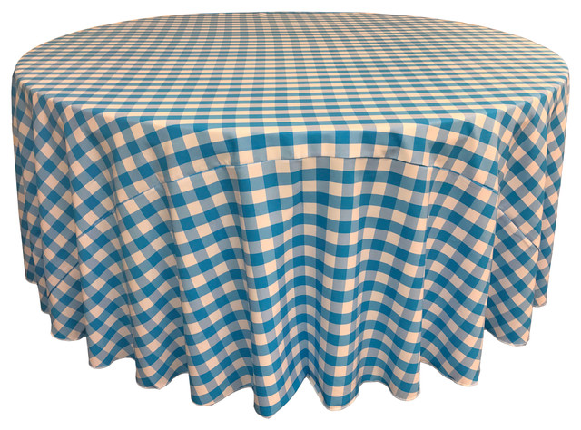 LA Linen Round Gingham Checkered Tablecloth, White and Turquoise, 108" Round