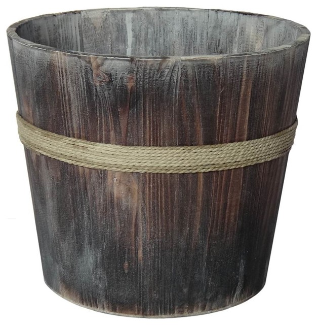 Wooden Round Bucket Planter, White Farmhouse Outdoor Pots And