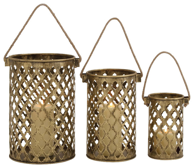 Antique Metal Lantern Candle Holders, 3Piece Set Mediterranean Candleholders by Benzara