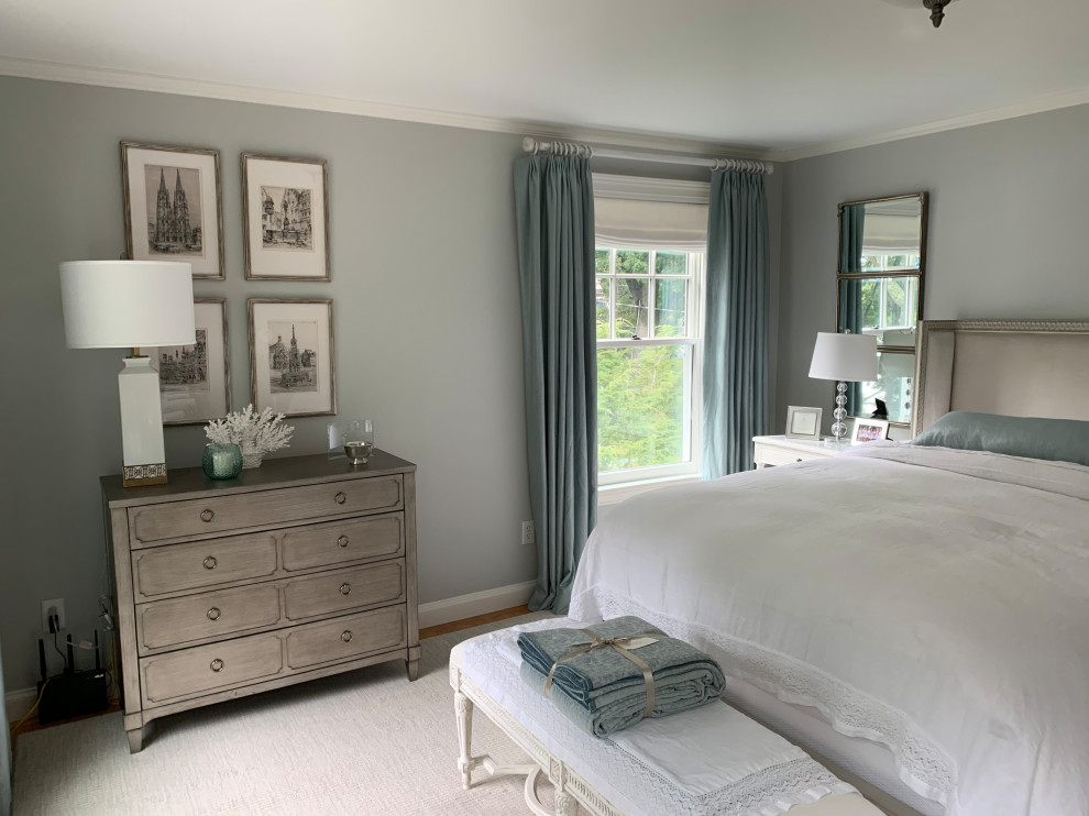 Photo of a medium sized traditional guest and grey and silver bedroom in Boston with grey walls, medium hardwood flooring, no fireplace and brown floors.