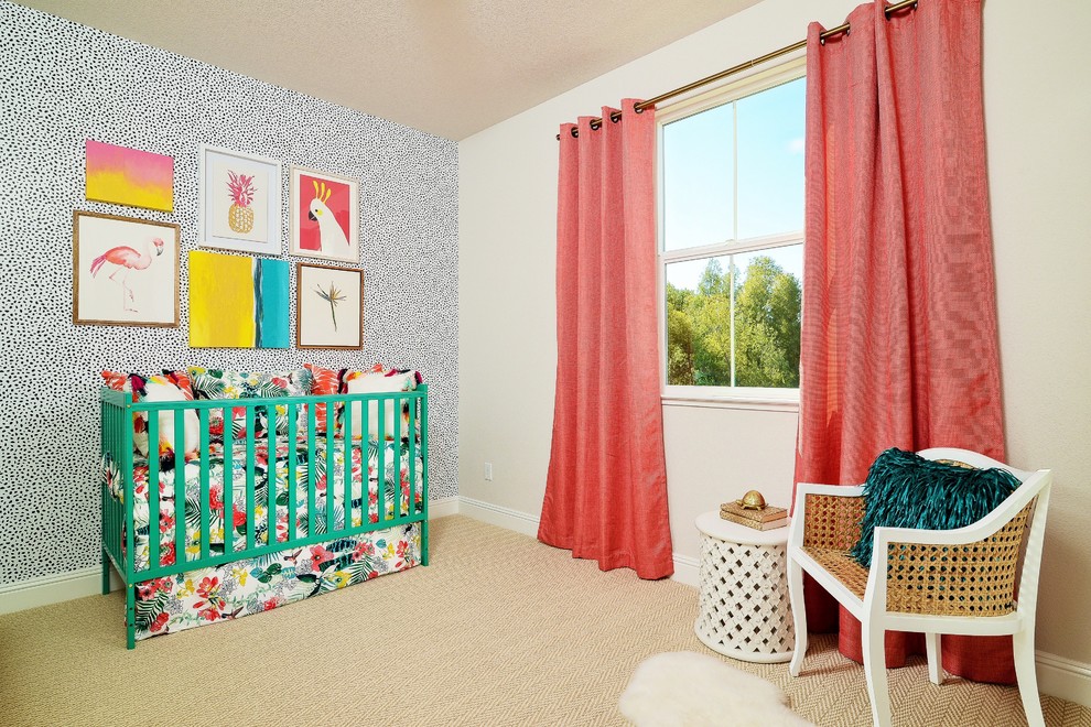 Photo of a mid-sized transitional nursery for girls in Sacramento with multi-coloured walls and carpet.