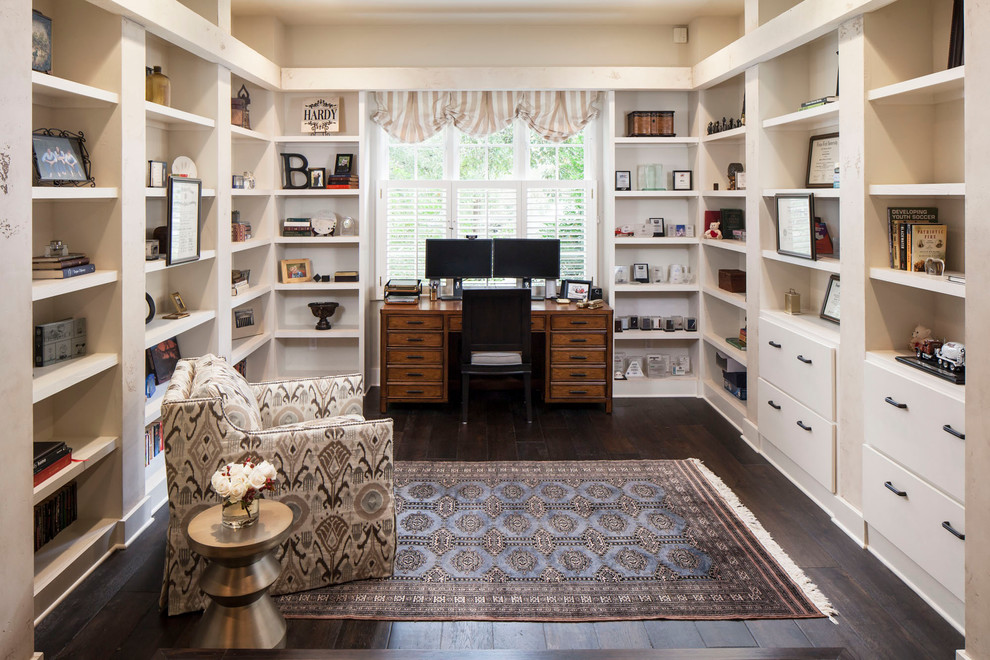 Inspiration for a traditional home office in Austin with beige walls and dark hardwood floors.
