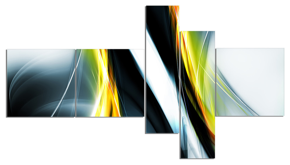 Fractal Lines Yellow White, Multipanel Abstract Canvas art print, 60"x32" Contemporary