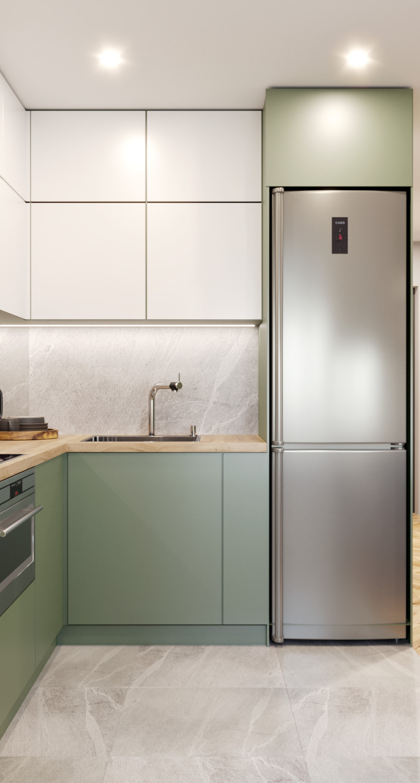 Гостиная, совмещённая с кухней, в природных тонах