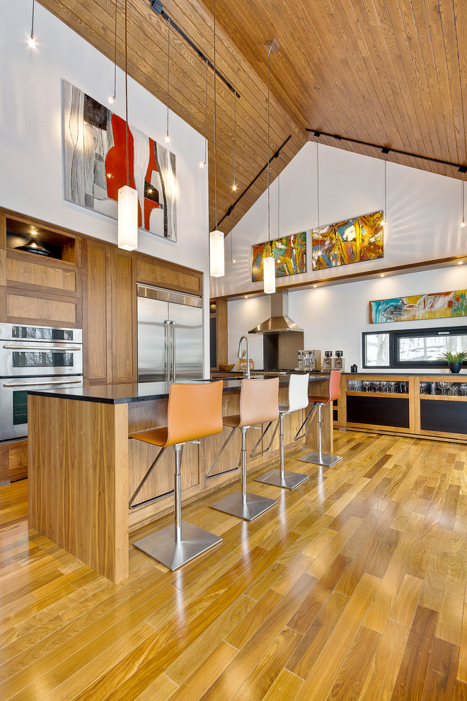 Contemporary kitchen in Montreal with medium wood cabinets and stainless steel appliances.