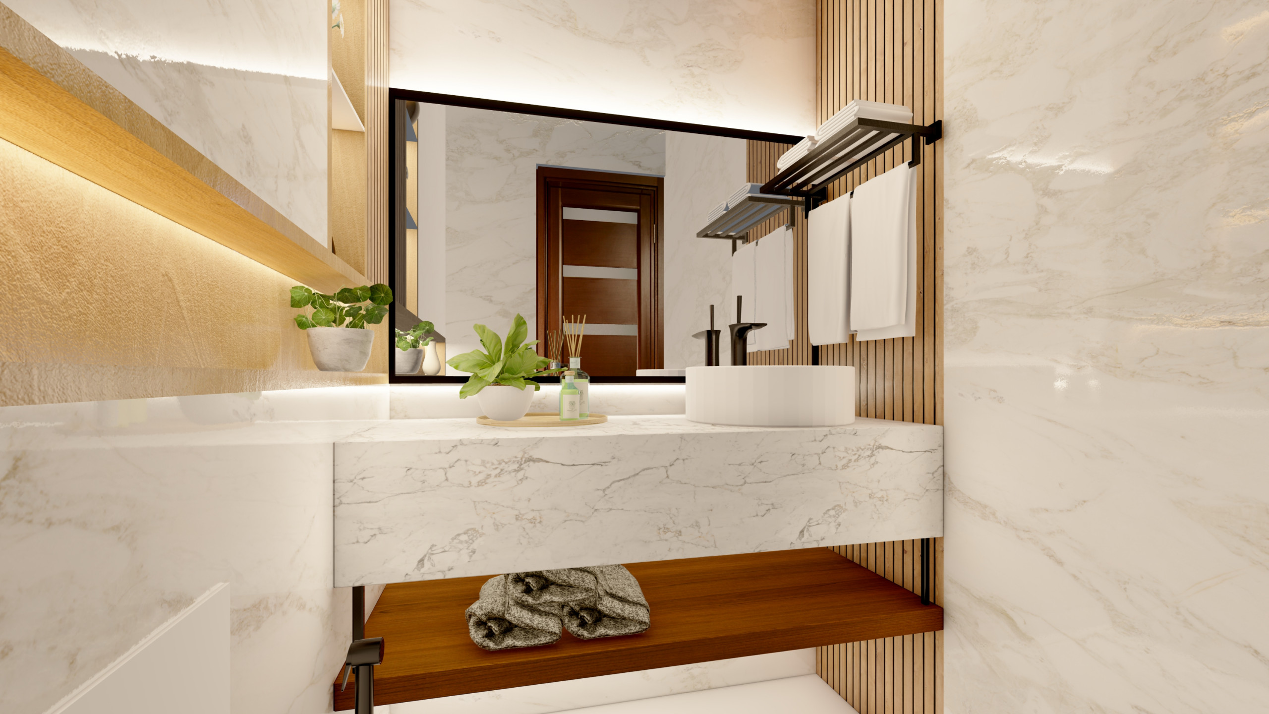 Chic Bathroom Design with Marble and Wood Touches in Ashtead