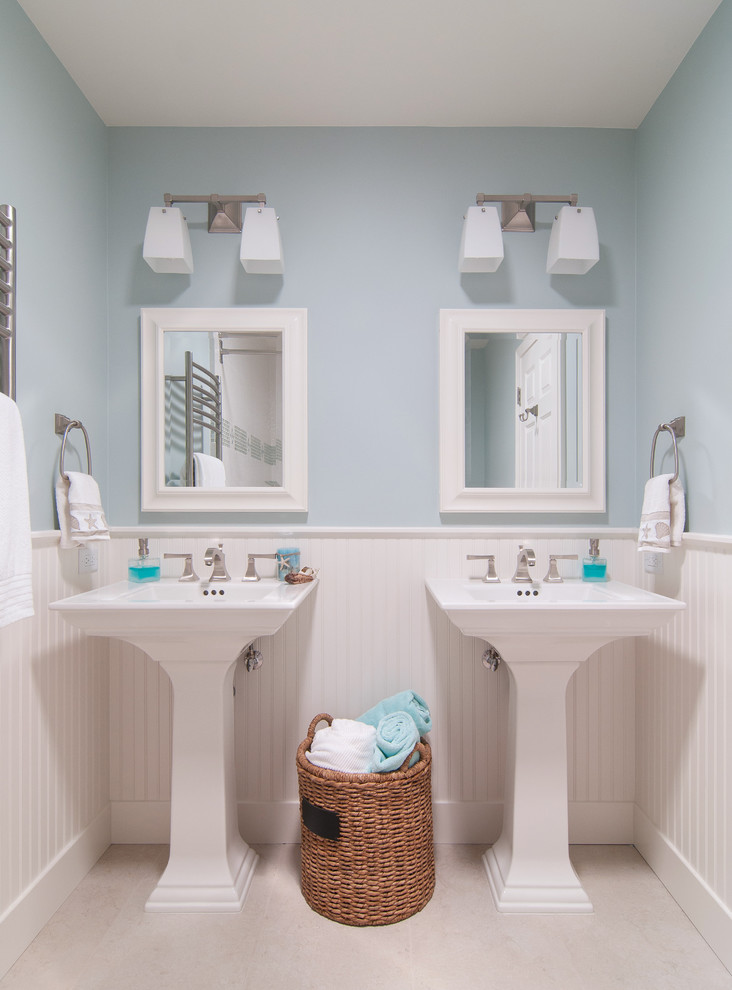 Design ideas for a traditional kids bathroom in San Francisco with a pedestal sink and blue walls.