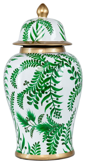 Leafy Decorative Jar or Canister, Green and Gold