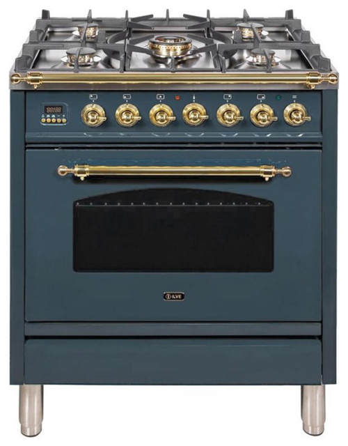 ILVE Nostalgie 30" NG Metal Single Oven Dual Fuel Range in Blue Gray/Brass Contemporary Gas