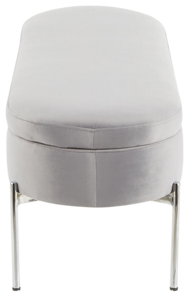 Chloe Contemporary/Glam Storage Bench, Chrome Metal/Gray Velvet Midcentury Accent And
