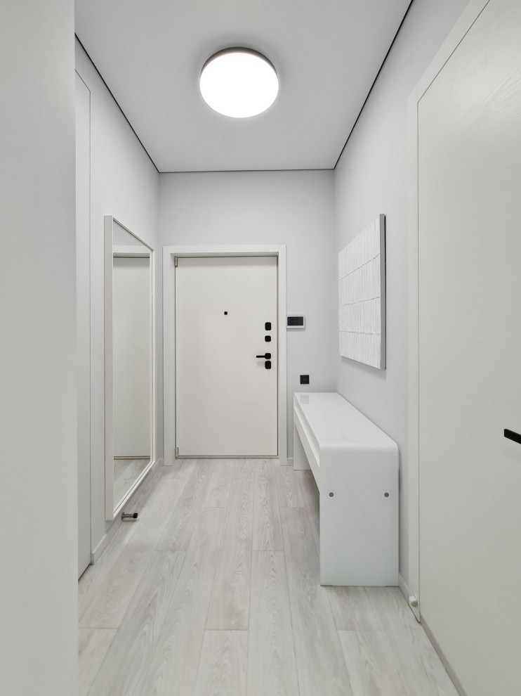 Cette photo montre une petite porte d'entrée tendance avec un mur blanc, un sol en vinyl, une porte simple, une porte blanche et un sol blanc.