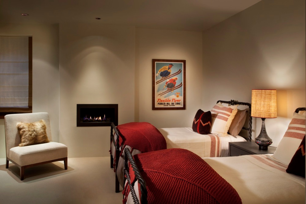 Photo of a medium sized contemporary master bedroom in Denver with white walls, carpet and a standard fireplace.