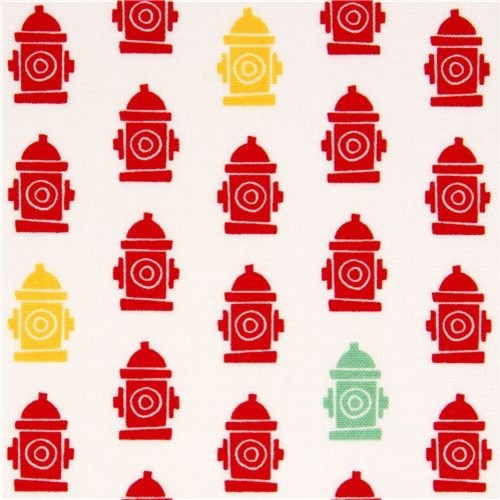 white fabric with red hydrants by Robert Kaufman