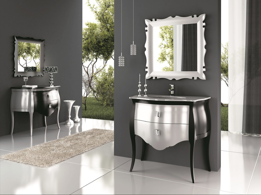 Trendy powder room photo in Miami with a console sink, furniture-like cabinets and glass countertops