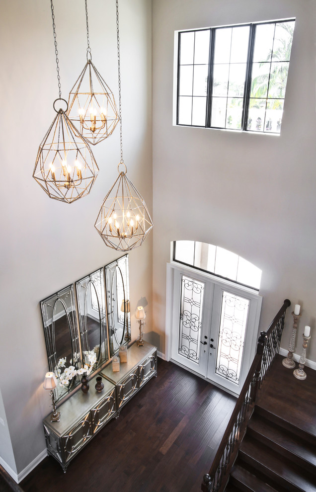 Example of a transitional dark wood floor foyer design in Miami with beige walls and a glass front door