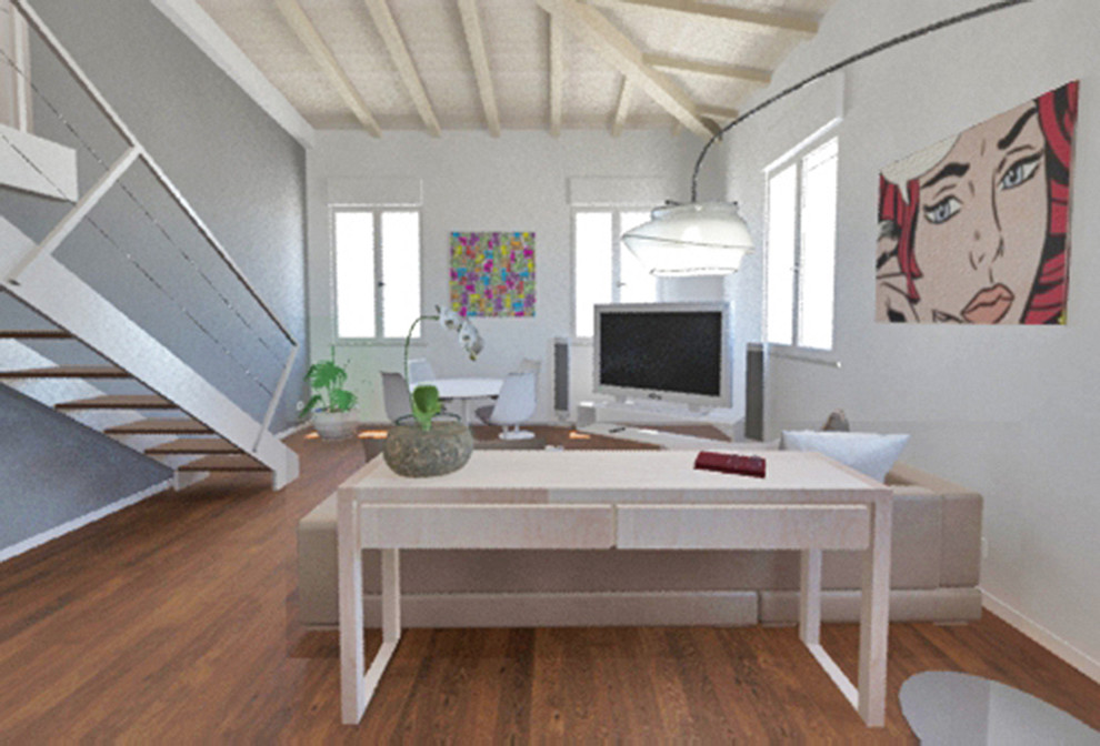 Ispirazione per un soggiorno minimalista con pareti grigie e parquet chiaro