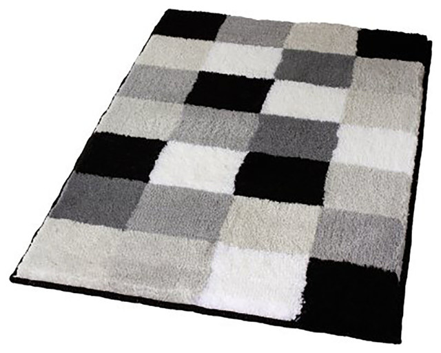 Black & Gray Checker Pattern Rich Multi Color Plush Bathroom Rug, Caro Contemporary Bath