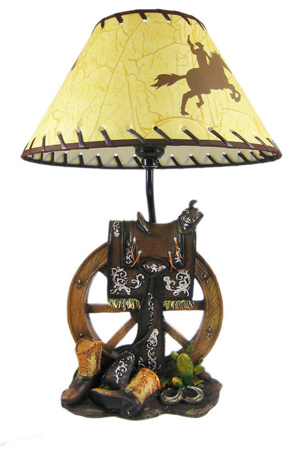 Western Saddle Table Lamp with Cowboy Print Shade