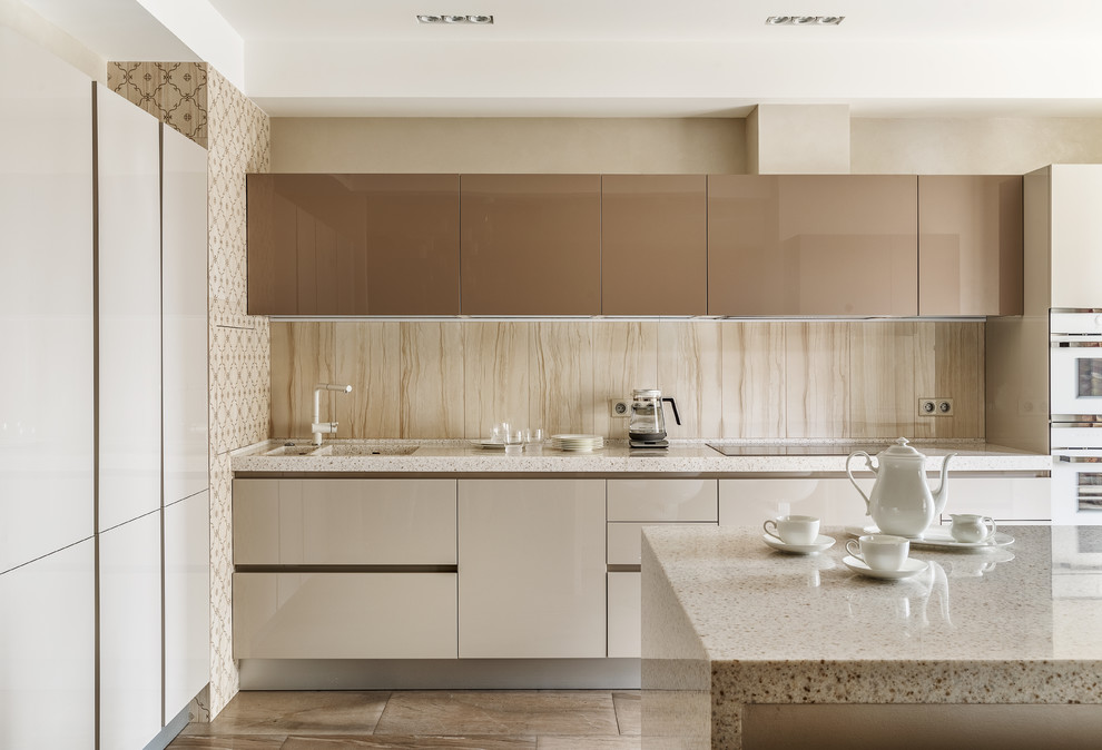 Inspiration for a mid-sized contemporary l-shaped open plan kitchen in Moscow with an integrated sink, flat-panel cabinets, beige cabinets, beige splashback, white appliances, with island, beige benchtop, window splashback, medium hardwood floors and brown floor.