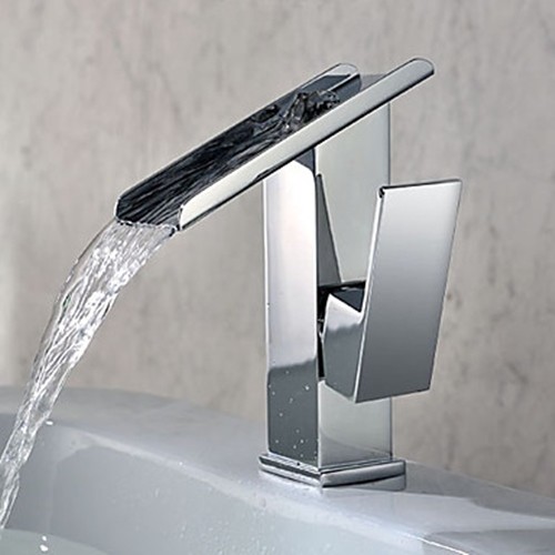 Single Handle Contemporary Solid Brass Waterfall Bathroom Sink Faucet