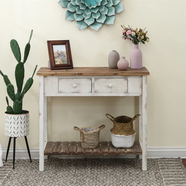 Pemberly Row Rustic Wood Console Entryway Table in Off White and ...