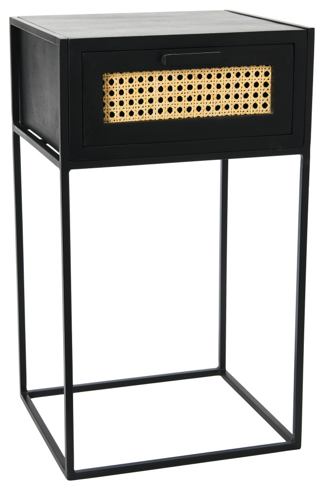 Metal/Mango Wood End Table/Nightstand With Woven Cane Drawer, Black