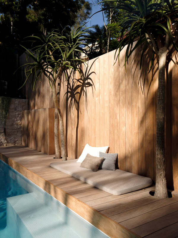 Foto de piscina alargada actual grande rectangular en patio trasero con paisajismo de piscina y entablado