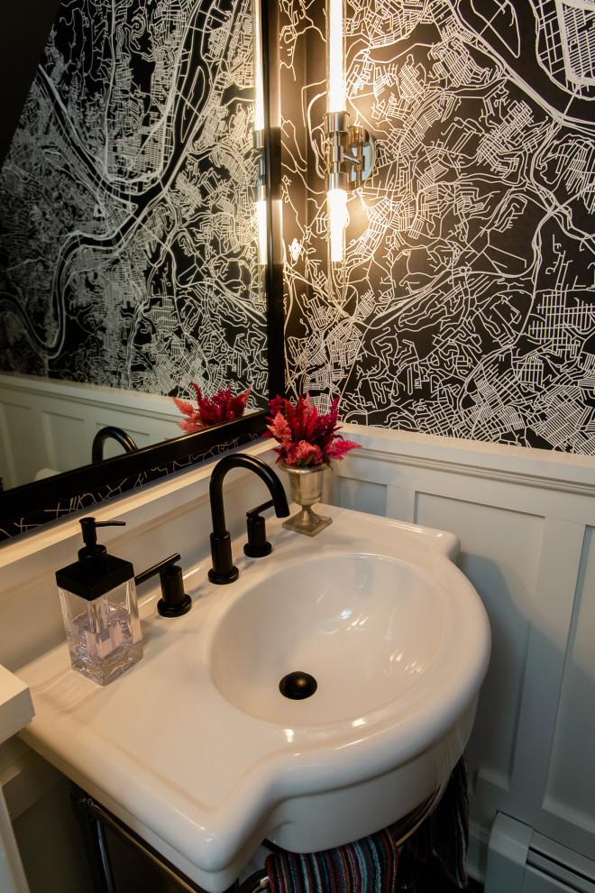 Photo of a small contemporary cloakroom in Other with black walls, ceramic flooring, a pedestal sink, black floors, a freestanding vanity unit and wallpapered walls.