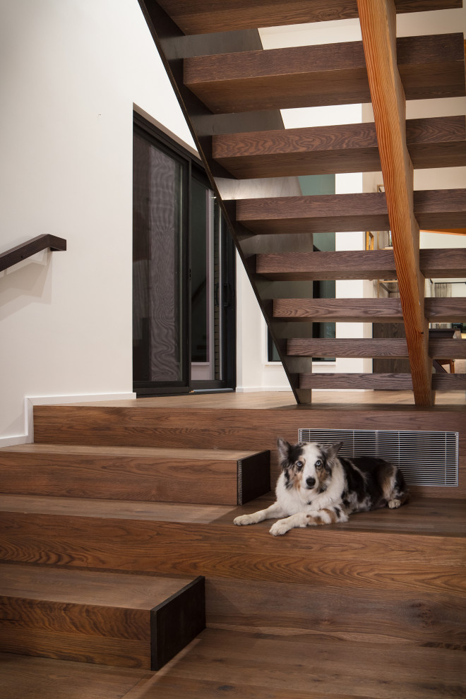 Ejemplo de escalera suspendida contemporánea de tamaño medio sin contrahuella con escalones de madera y barandilla de metal