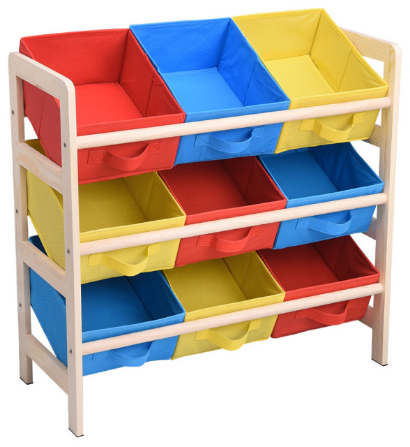 toy shelf with bins