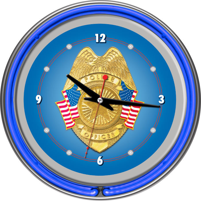Police Officer Chrome Double Ring Neon Clock
