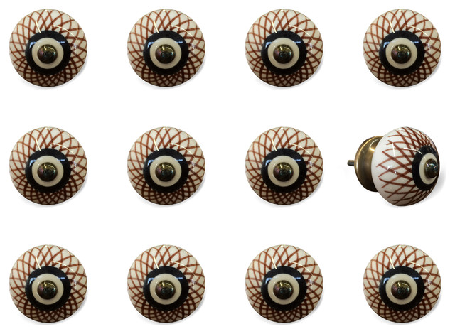 Knob It Vintage Handpainted Ceramic Knobs Set Of 12 Cream Brown