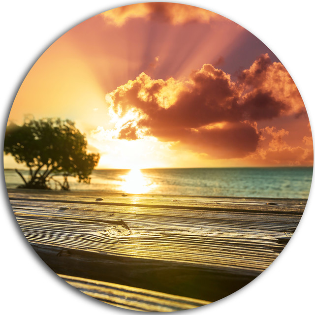 Boardwalk on Beach under Cloudy Sky, Landscape Round Metal Artwork ...