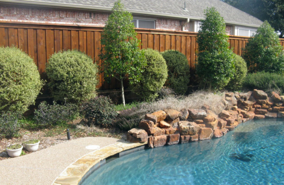This is an example of a mid-sized country backyard kidney-shaped natural pool in Dallas with natural stone pavers.