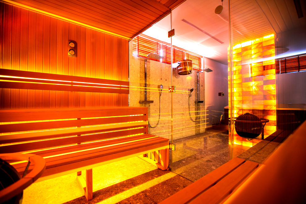 Contemporary bathroom in Moscow with a double shower and with a sauna.