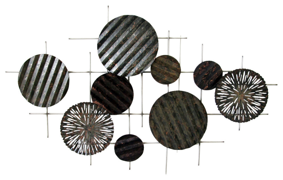 "Striped and Textured Circles on Grid" Metal Wall Art - Contemporary