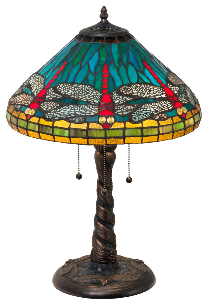 21H Tiffany Dragonfly w/ Twisted Fly Mosaic Base Table Lamp