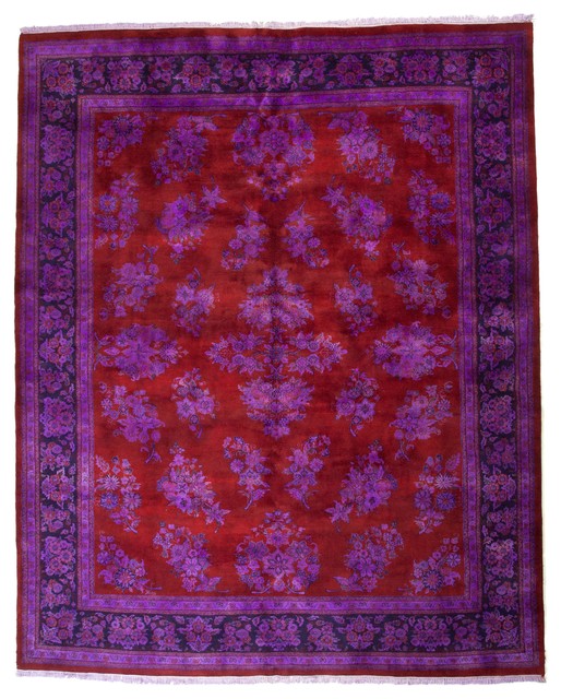 Overdyed Floral Persian Design Purple Deep Red Rug, 7.8'x9.8'