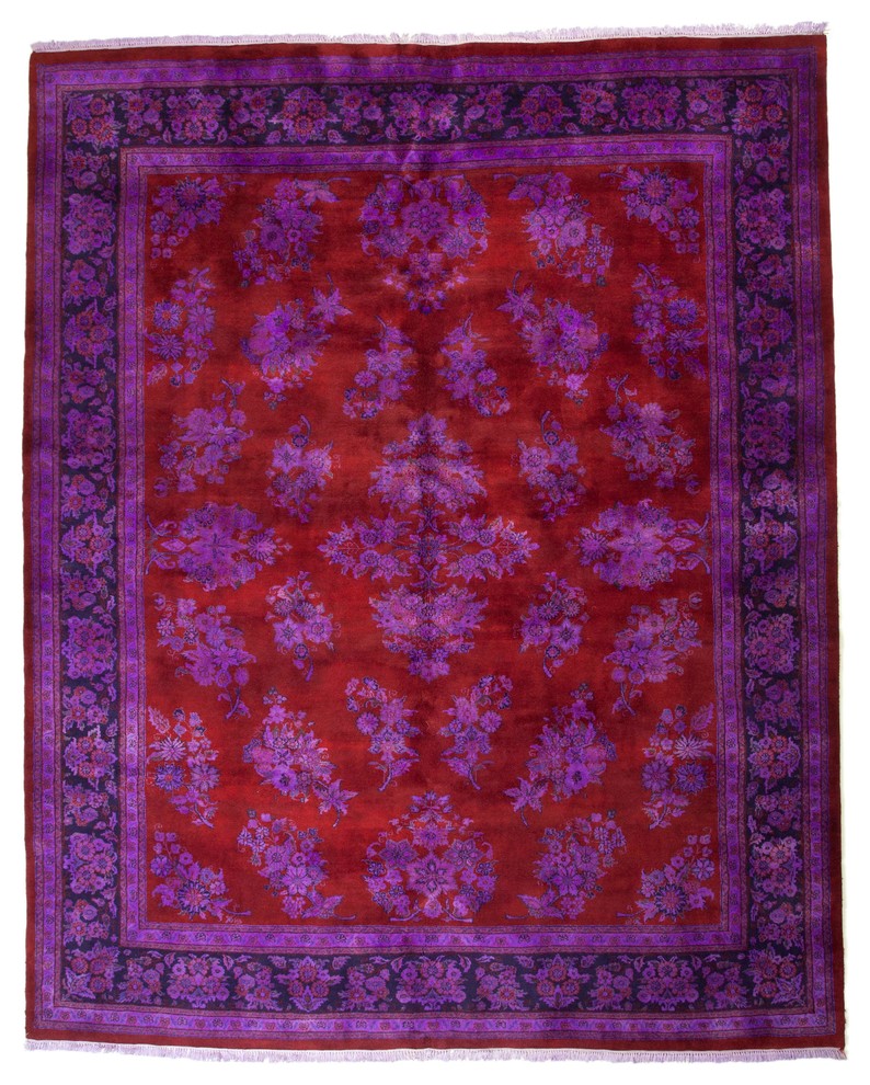 Overdyed Floral Persian Design Purple Deep Red Rug, 7.8'x9.8'