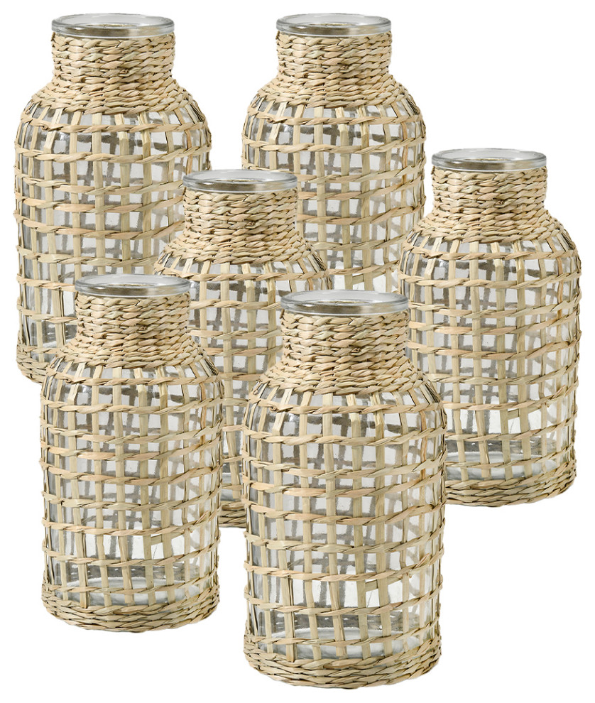 Serene Spaces Living Natural Rattan Wrapped Glass Bottle Vase, Small, Set of 12