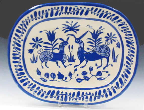 Fantasy Animals Oval Blue and White Platter by The Clay Bungalow