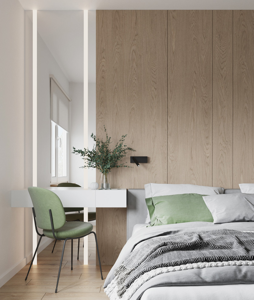 Идея дизайна: хозяйская спальня в белых тонах с отделкой деревом в скандинавском стиле с белыми стенами, полом из ламината и бежевым полом